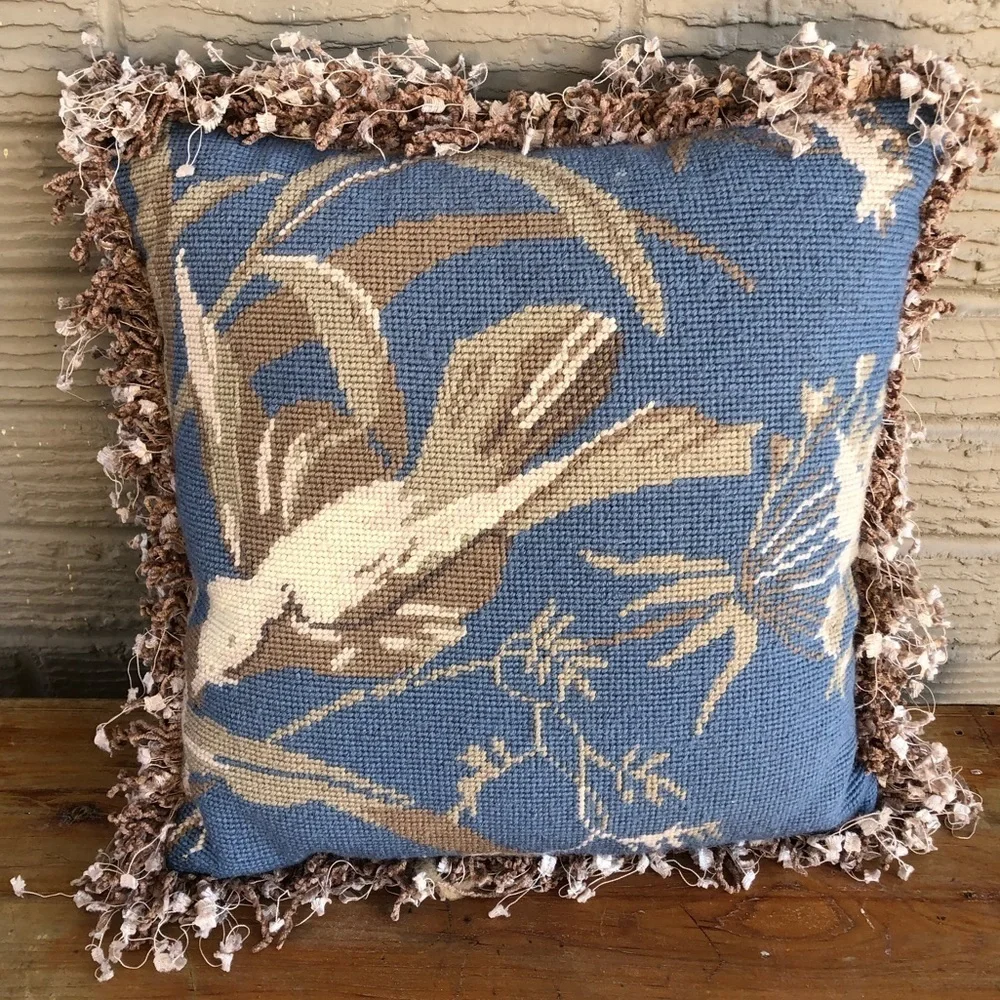 Peking Handicraft Fringed 14” Wool Needlepoint Throw Pillow Blue with Tan Bird